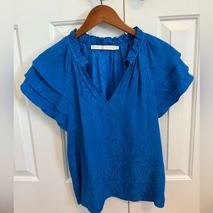 Marie Oliver Sz XS Women's Ruffle Sleeve 100% Silk Cobalt Blue Top Blouse